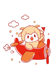 羊 卡通萌羊驾驶红色小飞机