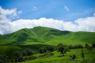 翠绿山丘蓝天白云美景