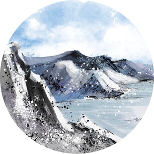 圆形水彩绘雪山湖泊美景