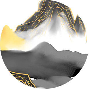 水墨金纹山水圆形画作