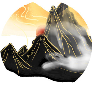 金色线条勾勒的山水图景