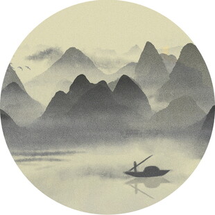 水墨山水间的孤舟