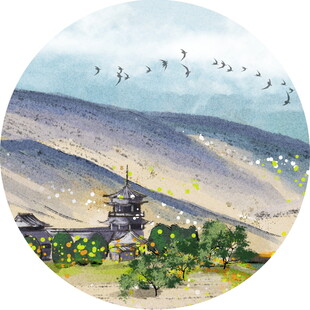 古风山水间的飞鸟与楼阁