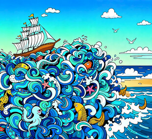 海上帆船破浪卡通插画