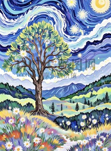 梦幻星空下的繁花树木