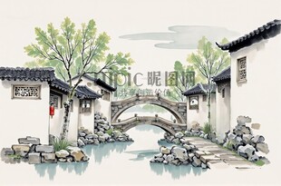 江南水乡石桥庭院水墨画