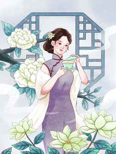 旗袍女子与花卉中式美景