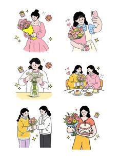 女性与鲜花日常温馨场景插画
