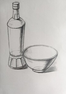 静物素描瓶与碗