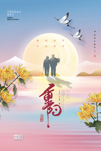 重阳节夕阳下的老人与飞鸟美景