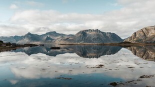 宁静湖景中的山峦倒影