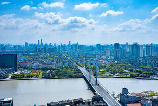 城市河畔桥梁与天际线景观