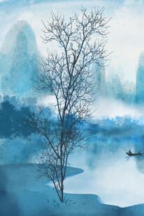 水墨山水孤树泛舟图景