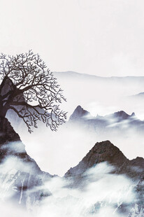 水墨山水间的孤树奇景