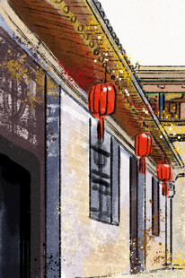 古巷中式建筑挂红灯笼