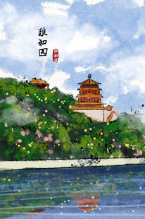 湖畔古亭美景