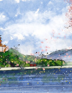 湖畔春景绘诗意山水情