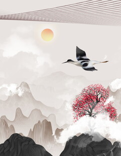 水墨山水间飞鸟红梅景
