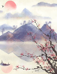 水墨山水间红梅映日景