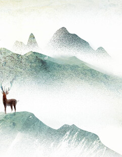 山间麋鹿立云雾漫青山
