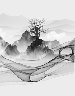 水墨山水间的孤树之景
