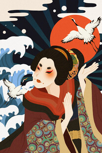 古风美人伴浪与飞鸟