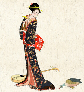 古典和服女子优雅持花图