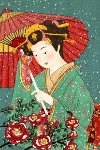 持伞艺伎绽放在花丛间