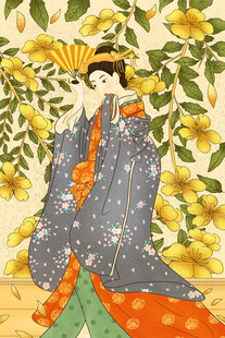 日式和服女子与花卉图景