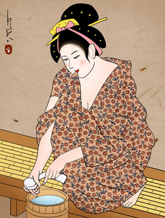 身着和服的日本女子舀水