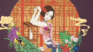 古风仕女图繁花相伴