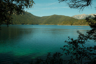 宁静湖景与远山绿树