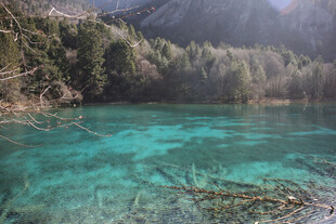 清澈碧绿的山间湖泊美景