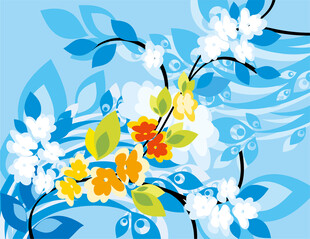 蓝白花卉图案