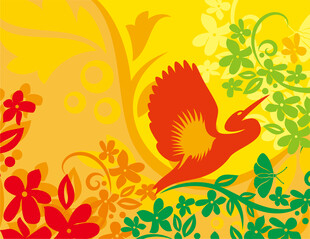 花鸟绘景色彩绚丽的艺术图