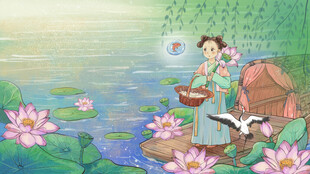 古风女子湖畔悠然采莲