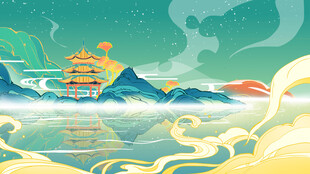 国风水彩山水画插画
