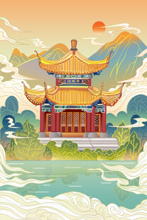 国风国潮古建筑风景插画