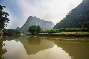 山水相依的静谧河畔景色