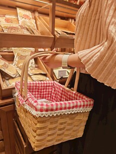 手拎格子布野餐篮