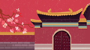 中式古建筑旁绽放的繁花