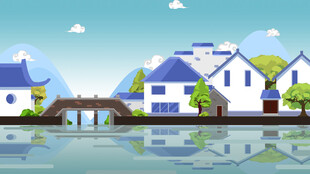湖畔蓝白小屋风景图