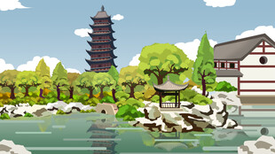 中式园林景观湖畔古塔