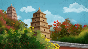 古塔楼繁花环绕美景