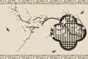 中式古典窗棂与花枝景致