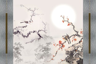 中式花鸟月夜屏风画