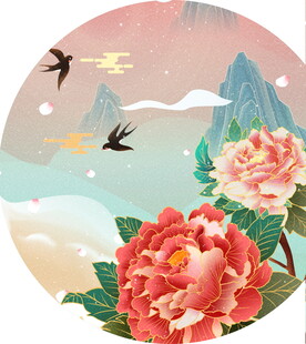 牡丹花开燕舞山水间