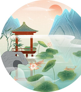 湖畔凉亭赏景图