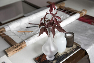 白色花瓶中的红叶植物