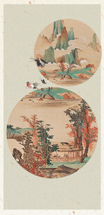 古代圆形山水花鸟绘画